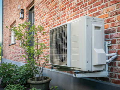 Air to air heat pump for cooling or heating the home. Side view of outdoor energy unit hanging on brick wall of beautiful house on a sunny day. Air conditioner or air heat pump. Outdoor unit powered by renewable energy.